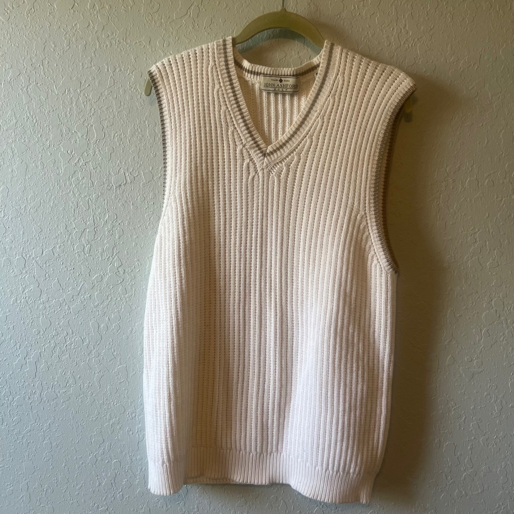 Vintage John Ashford Golf Sweater Vest Mens XL Ribbed Cotton V-Neck Striped Trim